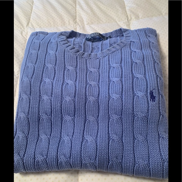 Mens Polo Periwinkle Cable Stitched Cotton Sweater - Picture 2 of 4